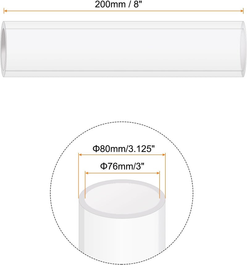 Rebower 8" Clear Plastic Rigid Pipe 76mm ID x 80mm OD (3" ID x 3.125" OD) Acrylic Round Polycarbonate Tubing, [for Plumbing, Hydraulics, Aquarium] - Image 2